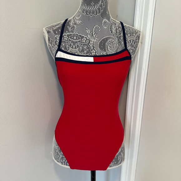 EUC VTG 90s Tommy Hilfiger Sz:10 One Piece Swimsuit Red Flag Open Back High Cut